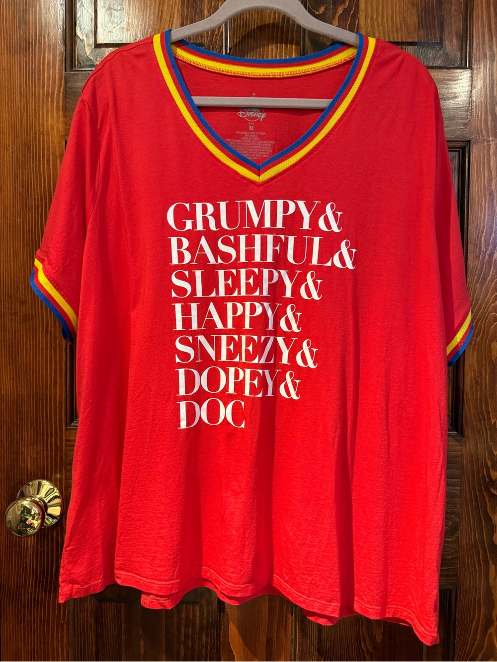 Disney Red Short Sleeve V-Neck Seven Dwarfs Names Graphic Tee
